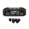 Solar-powered external tyre pressure monitor display unit with colour screen next to six sensor valves.