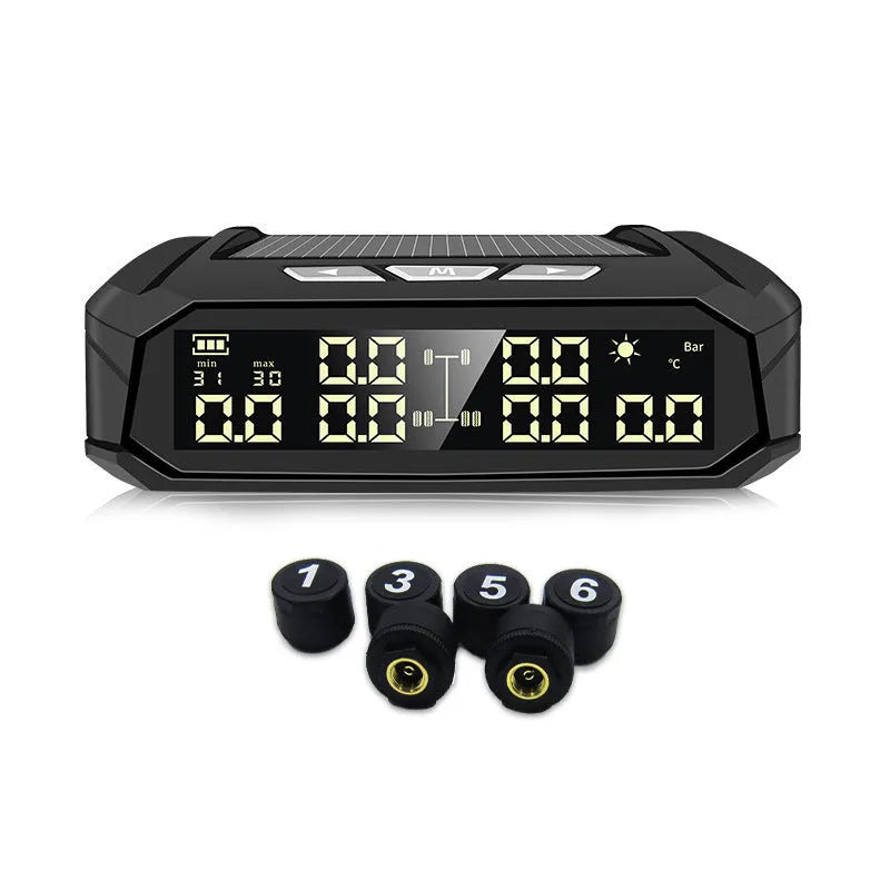 Solar-powered external tyre pressure monitor display unit with colour screen next to six sensor valves.