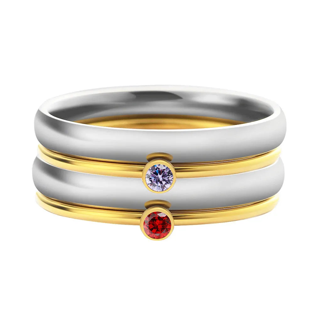 December birthstone titanium steel ring with engraved geometric design and gold accents