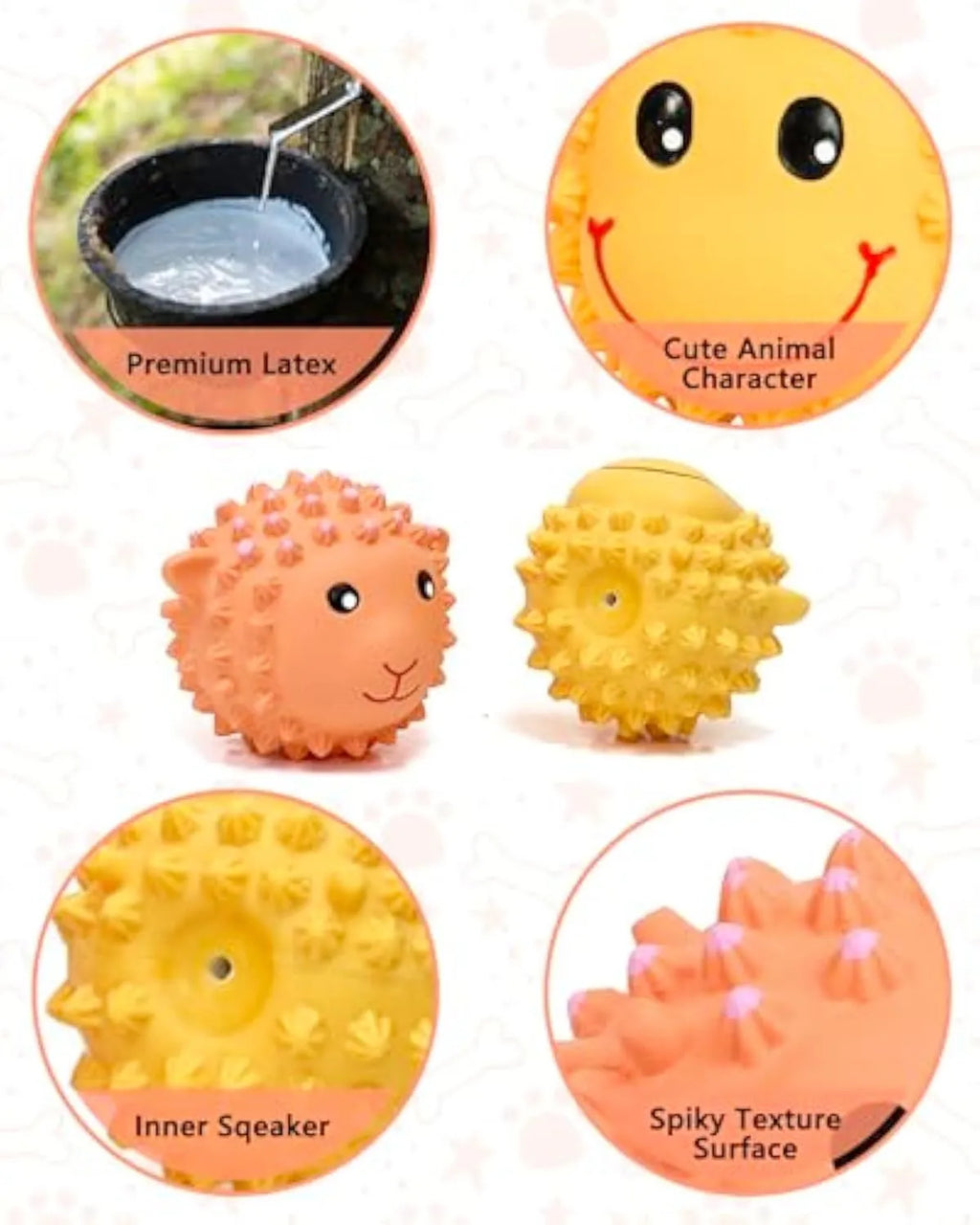 Orange and yellow spiky latex dog toy with animal design, shown next to a measuring tape showing 3 inch diameter.