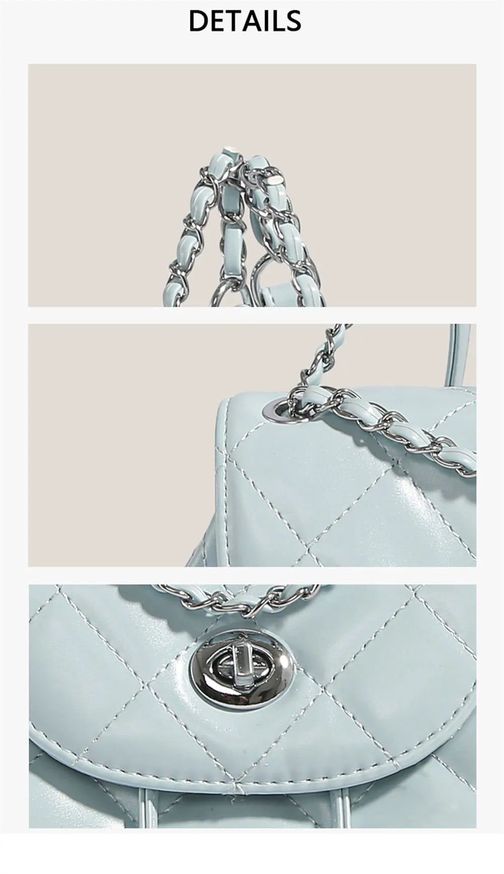 Women's rhombus plaid pattern PU leather backpack in silver colour with package cover closure.