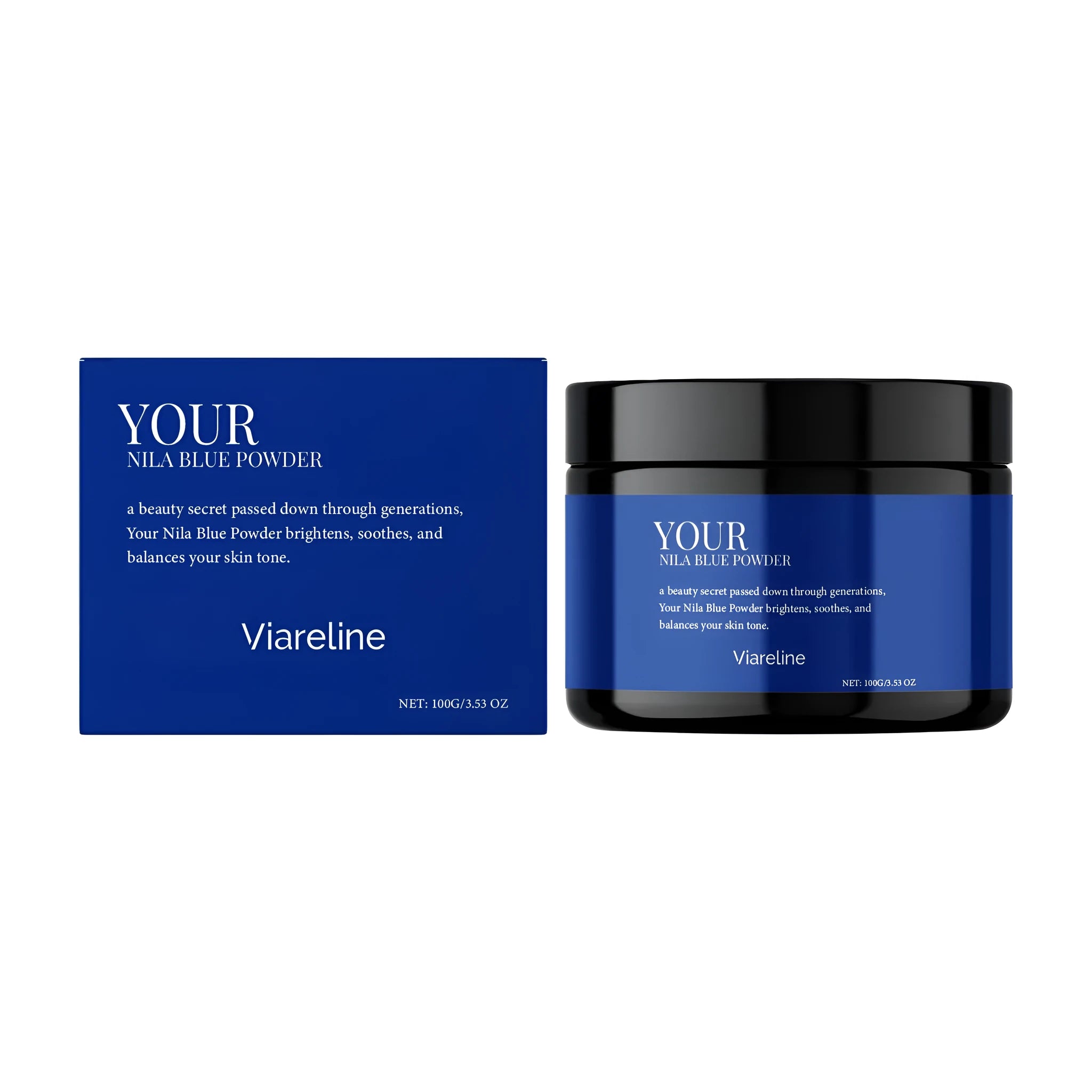 Container of indigo blue facial mask powder for DIY spot treatment with arbutin and phycocyanin.
