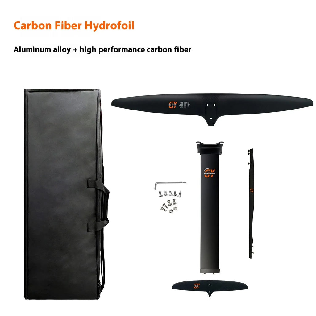 Black aluminium alloy and carbon fibre racing surfboard hydrofoil with large front wing.