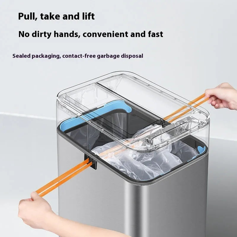 Stainless steel square smart trash can with induction sensor lid and deodoriser.