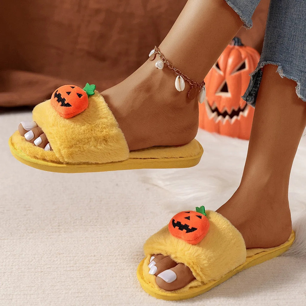White and yellow Halloween cartoon pumpkin plush open-toe slippers on anti-slip PVC sole.