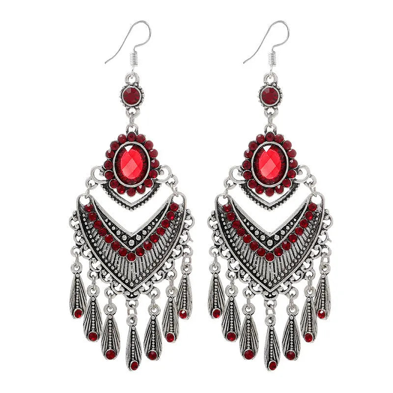 Purple retro crystal fringe earrings with ethnic styling and drop shape design
