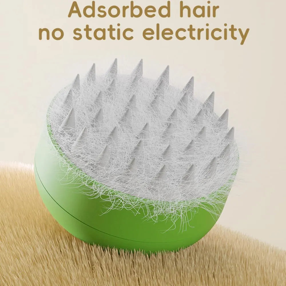 Green or yellow rechargeable pet steam brush with silicone bristles for grooming cats and dogs.