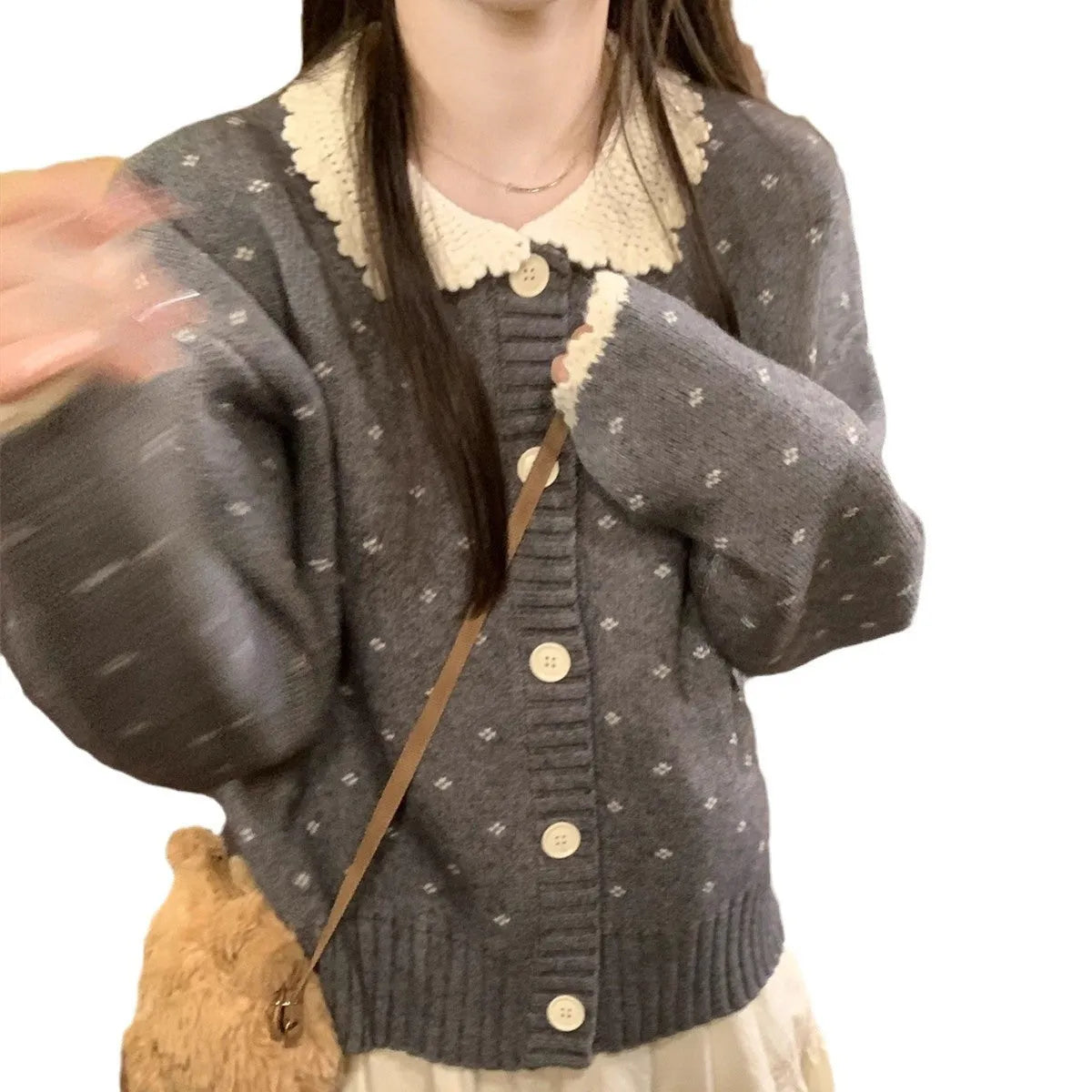 Floral pattern knitted cardigan with Peter Pan collar in Japanese Korean casual style