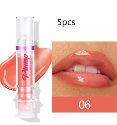 Lip gloss tube with mirror finish showing shiny application on lips
