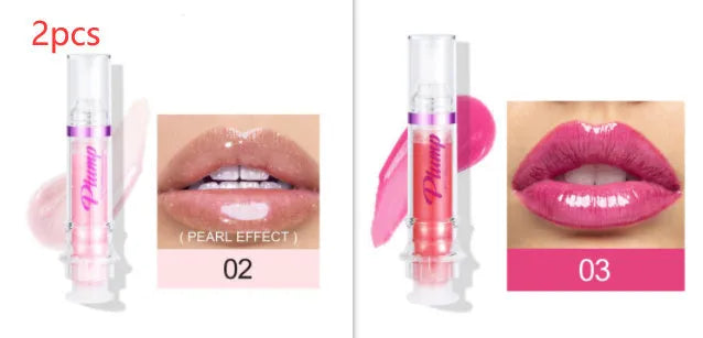 Lip gloss tube with mirror finish showing shiny application on lips