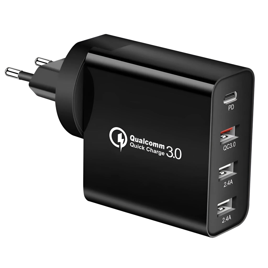 Fast charging wall charger with multiple USB ports in black or white ABS plastic housing