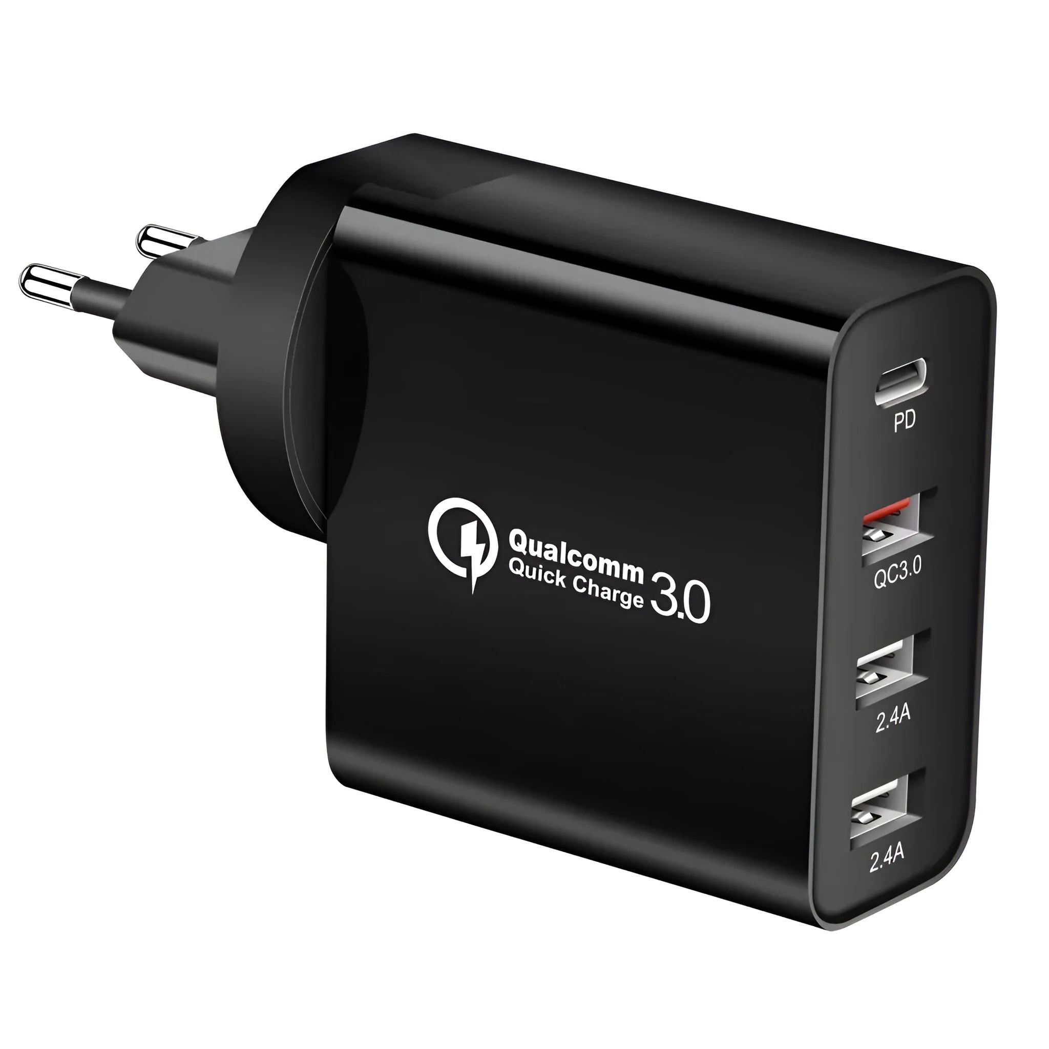 Fast charging wall charger with multiple USB ports in black or white ABS plastic housing