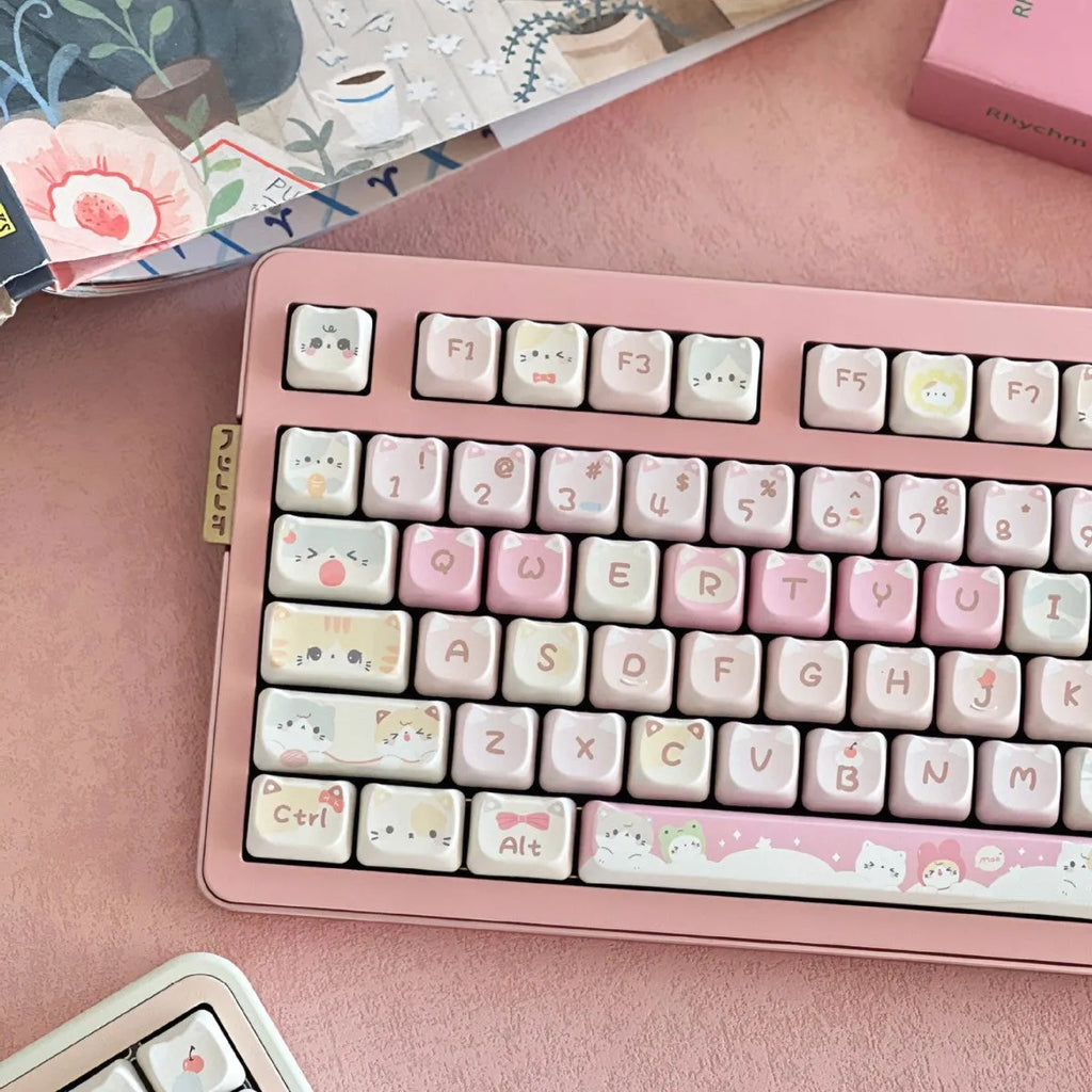 Meow Meow Team 141-piece sublimation keycap set showing colourful anime character designs on plastic keyboard keycaps