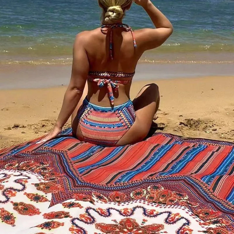 Women's three-piece swimsuit set featuring a high-waist brief, a cutout blouse, and a coat, shown in picture colour.