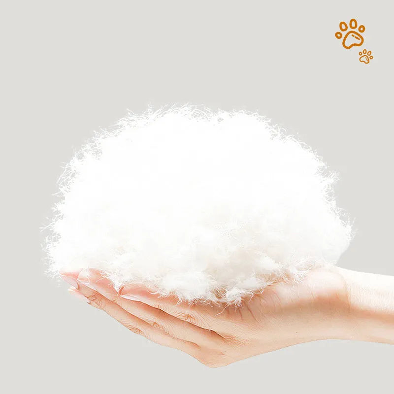 Grey white rabbit fur pet shell nest kennel for cats and dogs, shown in three sizes.