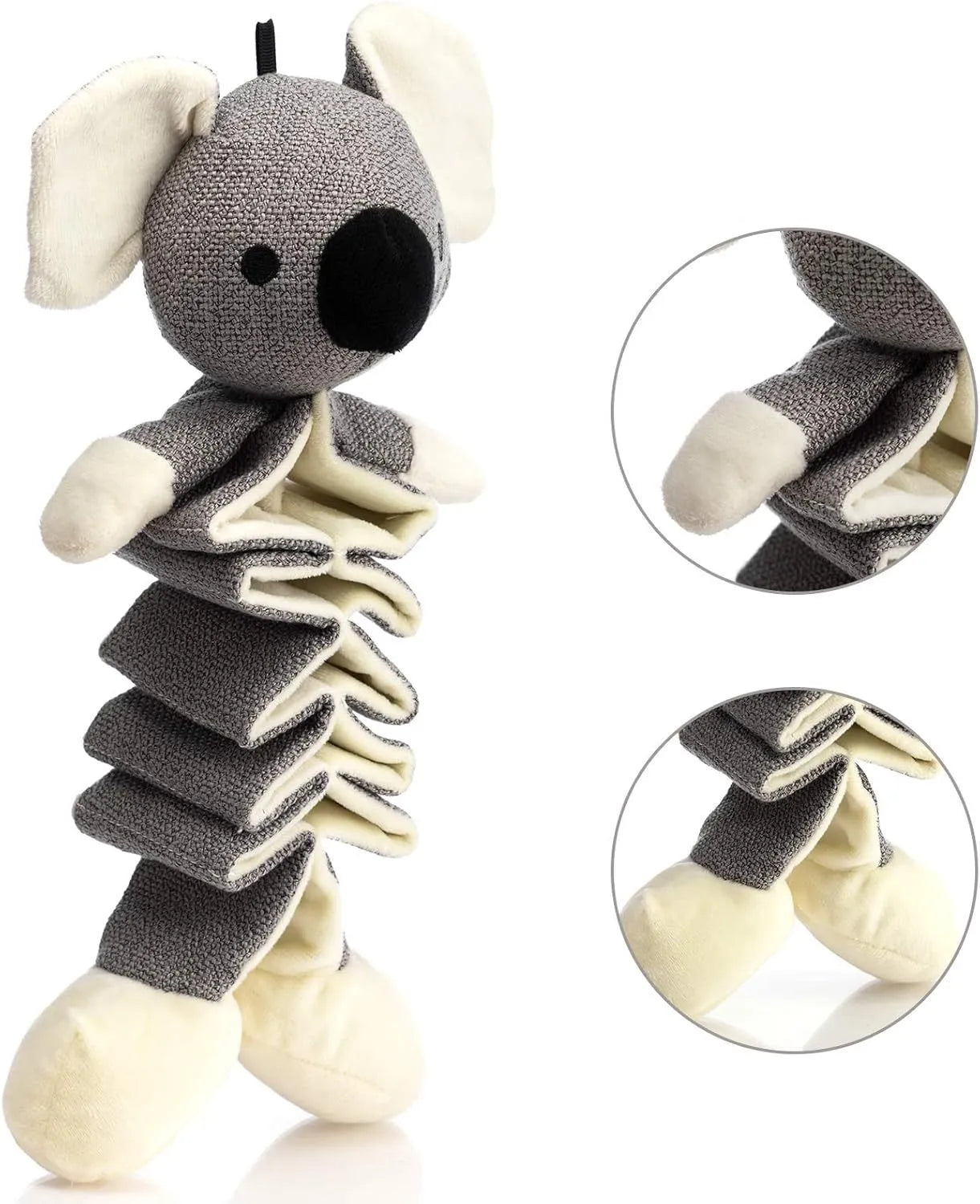 Grey koala-shaped dog toy measuring 30cm long with soft plush limbs.