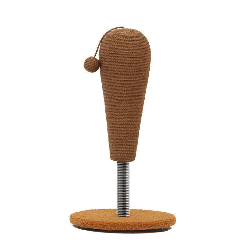 Cat scratch board with hemp rope surface shown with a cat grasping ball accessory