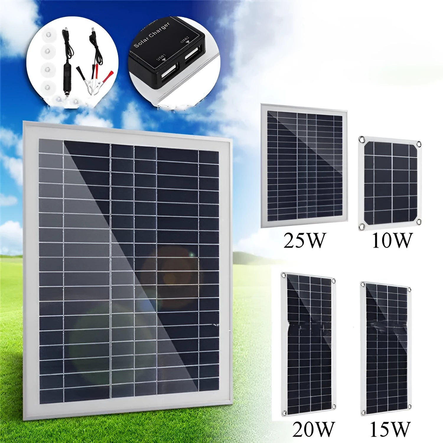 Polycrystalline silicon solar panel with dual USB ports for outdoor phone and tablet charging
