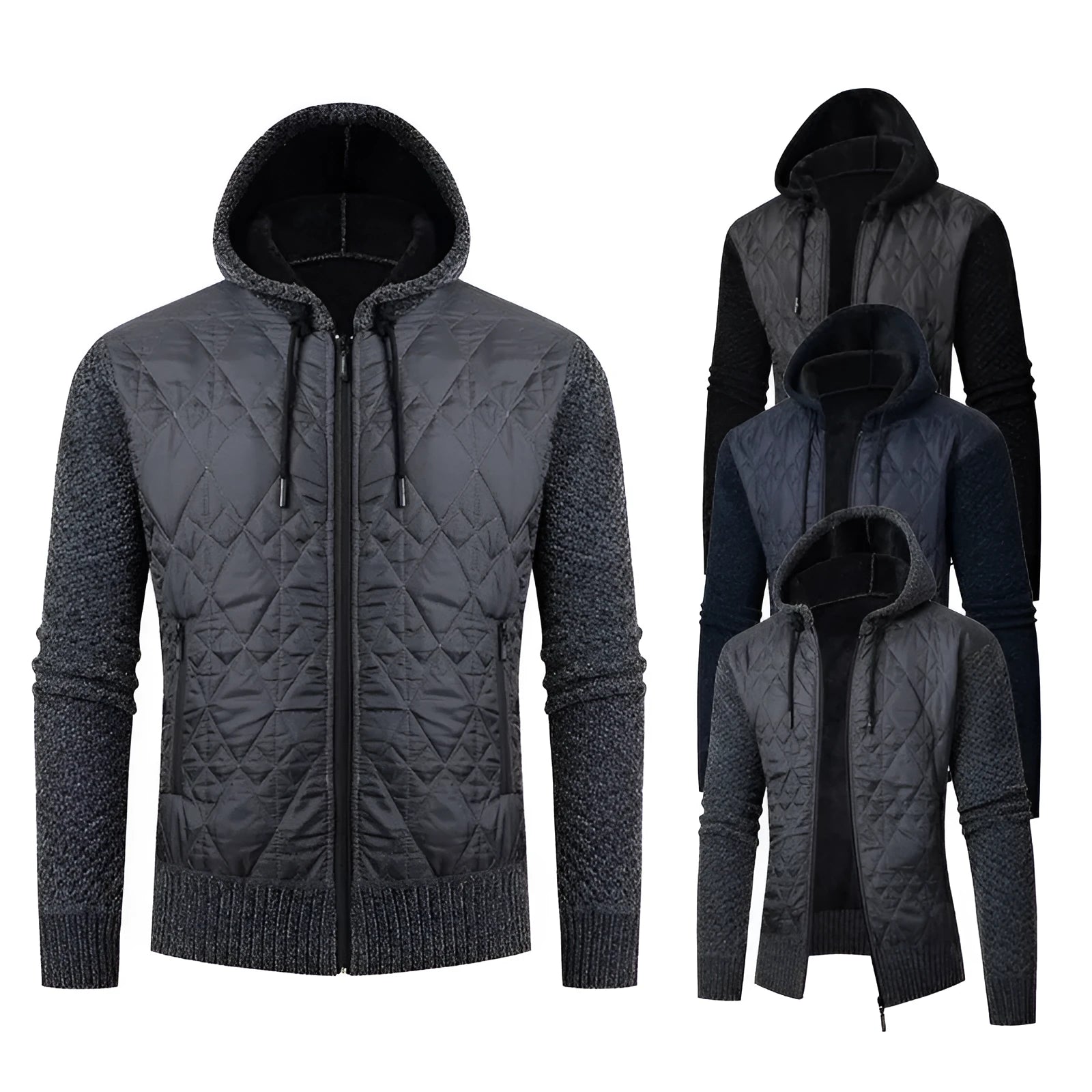 Men's grey hooded corduroy sweater coat with cinched waist and cardigan style