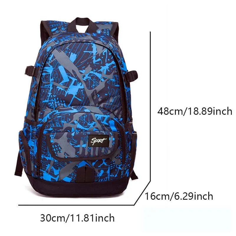 Blue classic nylon large capacity backpack shown upright, with a red colour option available.
