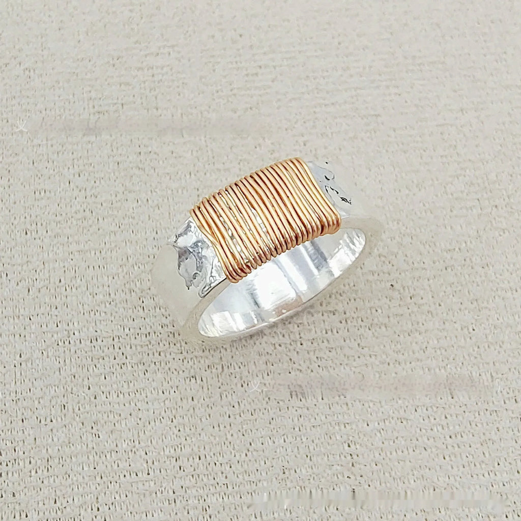 Copper wide face ring bracelet with geometric vintage coil design in silver gold colour.