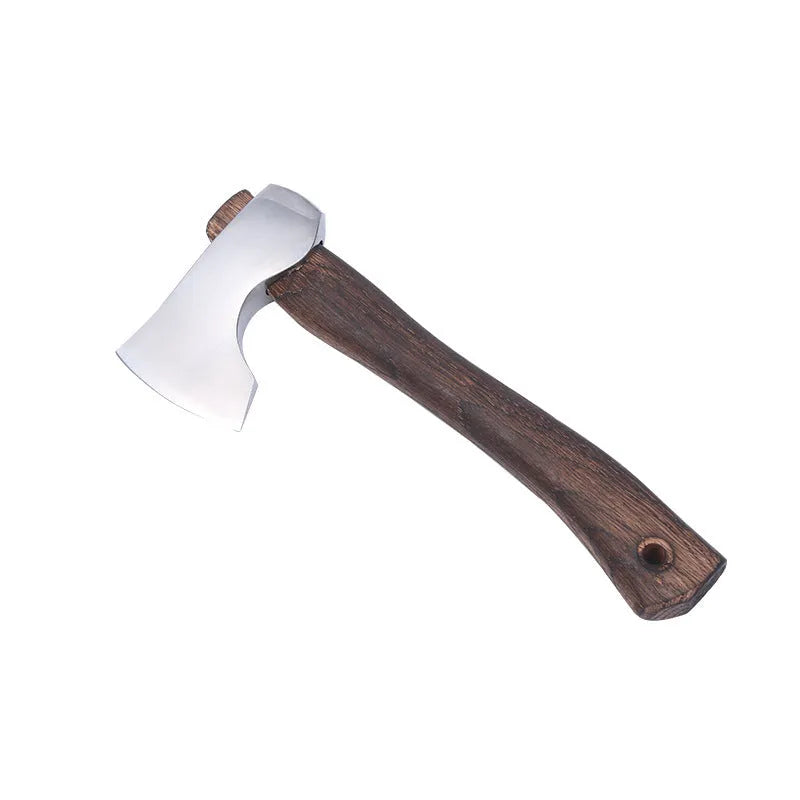 Camping axe with high carbon steel head and wooden handle on a white background.