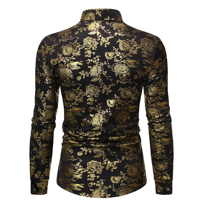 Men's casual long sleeve shirt with a metallic bronzed print detail on the lapel.