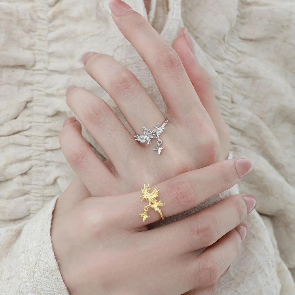 Adjustable silver butterfly ring with electroplated gold finish