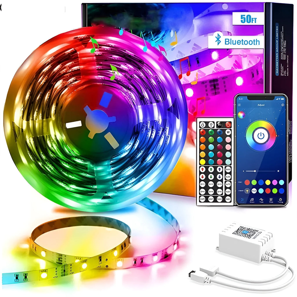 Coiled 5050 RGB LED light strip with Bluetooth remote and power adapter on a white background.