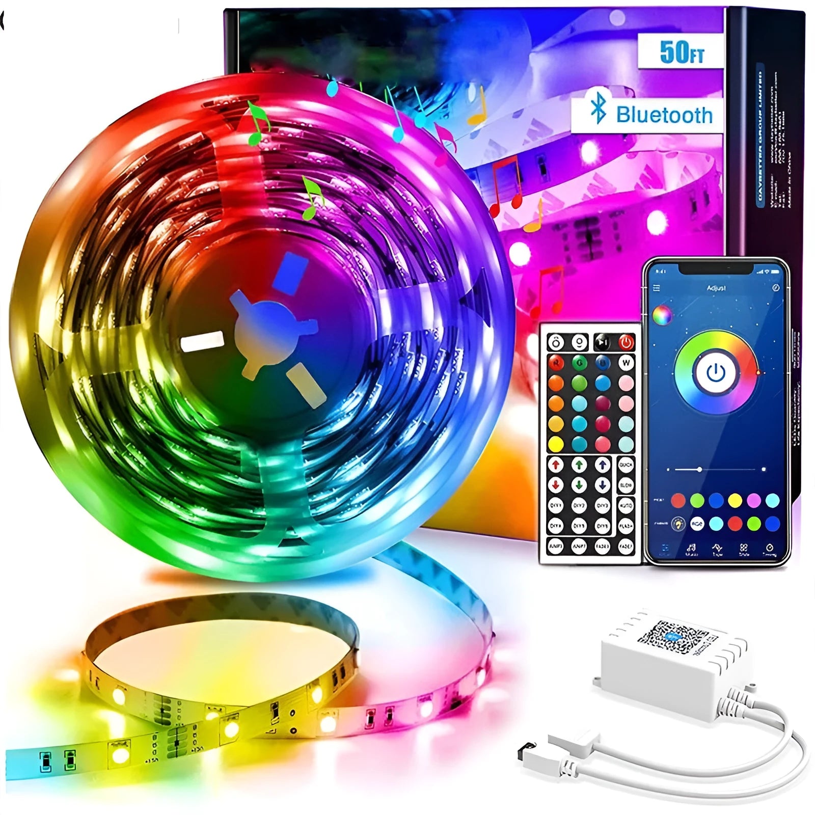 Coiled 5050 RGB LED light strip with Bluetooth remote and power adapter on a white background.