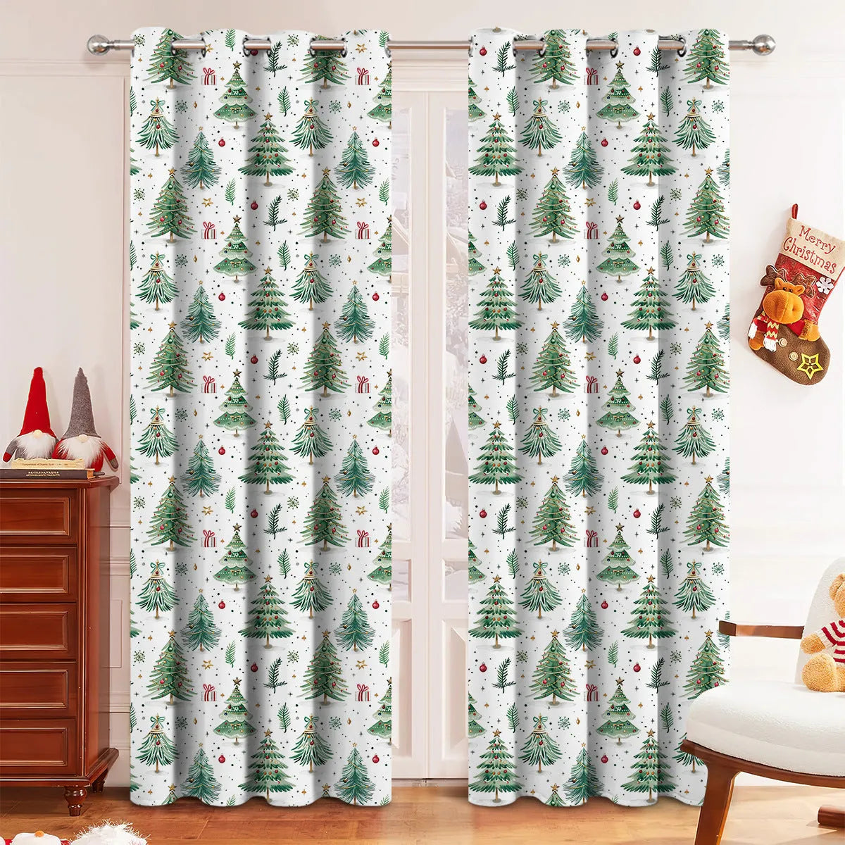 Christmas forest punching pattern polyester curtain hanging on window with sunshade function
