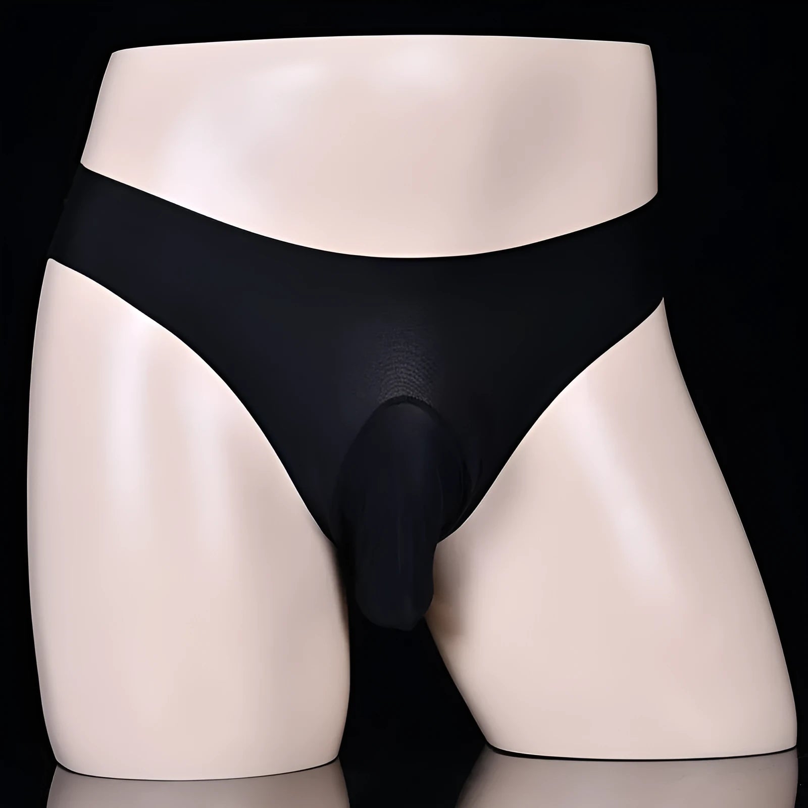 Men's black Ice Silk T-back underwear briefs on a white background, showing low-waist and ultra-thin design.