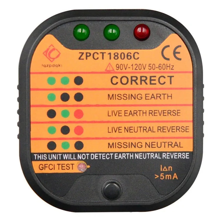 Black electrical socket tester for UK, EU and US plugs showing LED indicators for wiring faults.