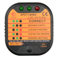 Black electrical socket tester for UK, EU and US plugs showing LED indicators for wiring faults.