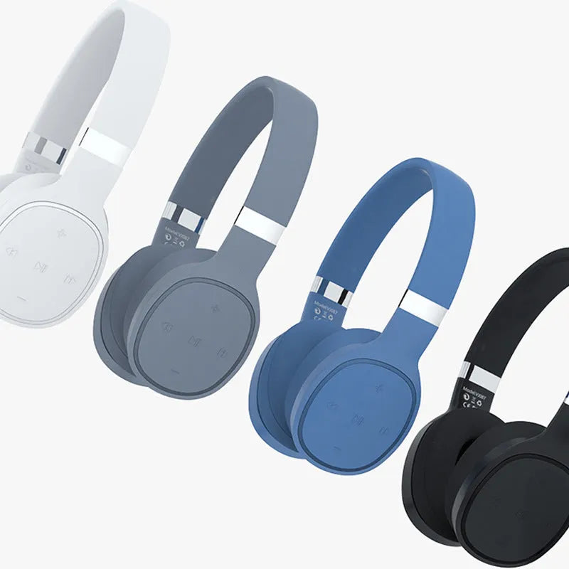 Folding wireless sports headphones in black, showing Bluetooth connectivity and compact stored size.