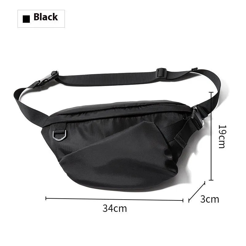 Men's black Oxford fabric chest bag with slanted design and visible sewing lines