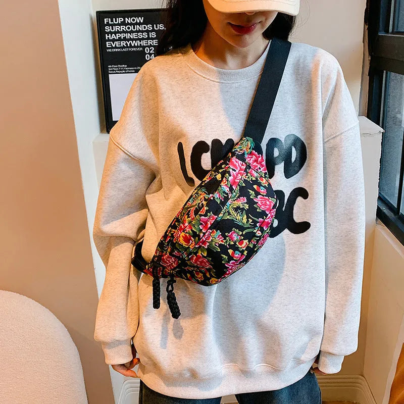 Women's Western style waist bag with large flower decoration and three-dimensional pockets