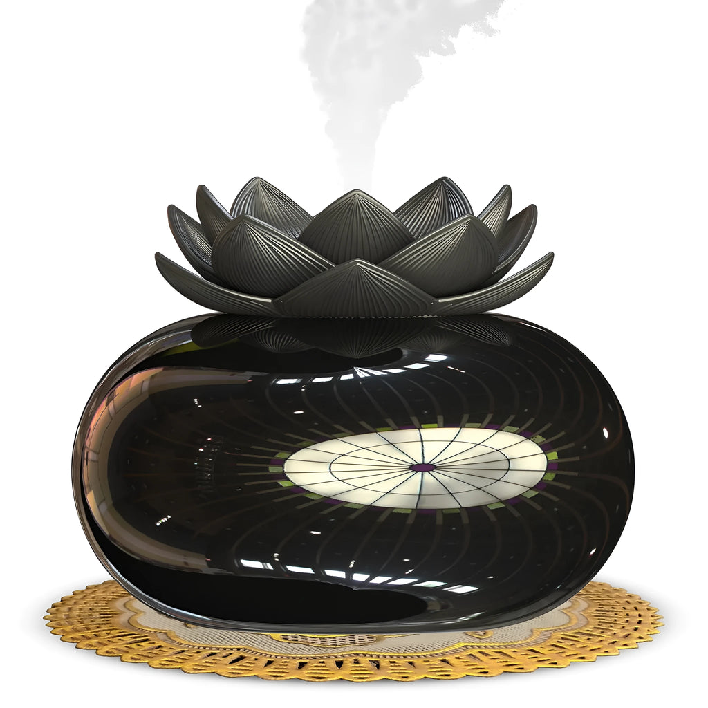 Pure black round lotus aromatherapy humidifier with USB power cable and ceramic-plastic construction