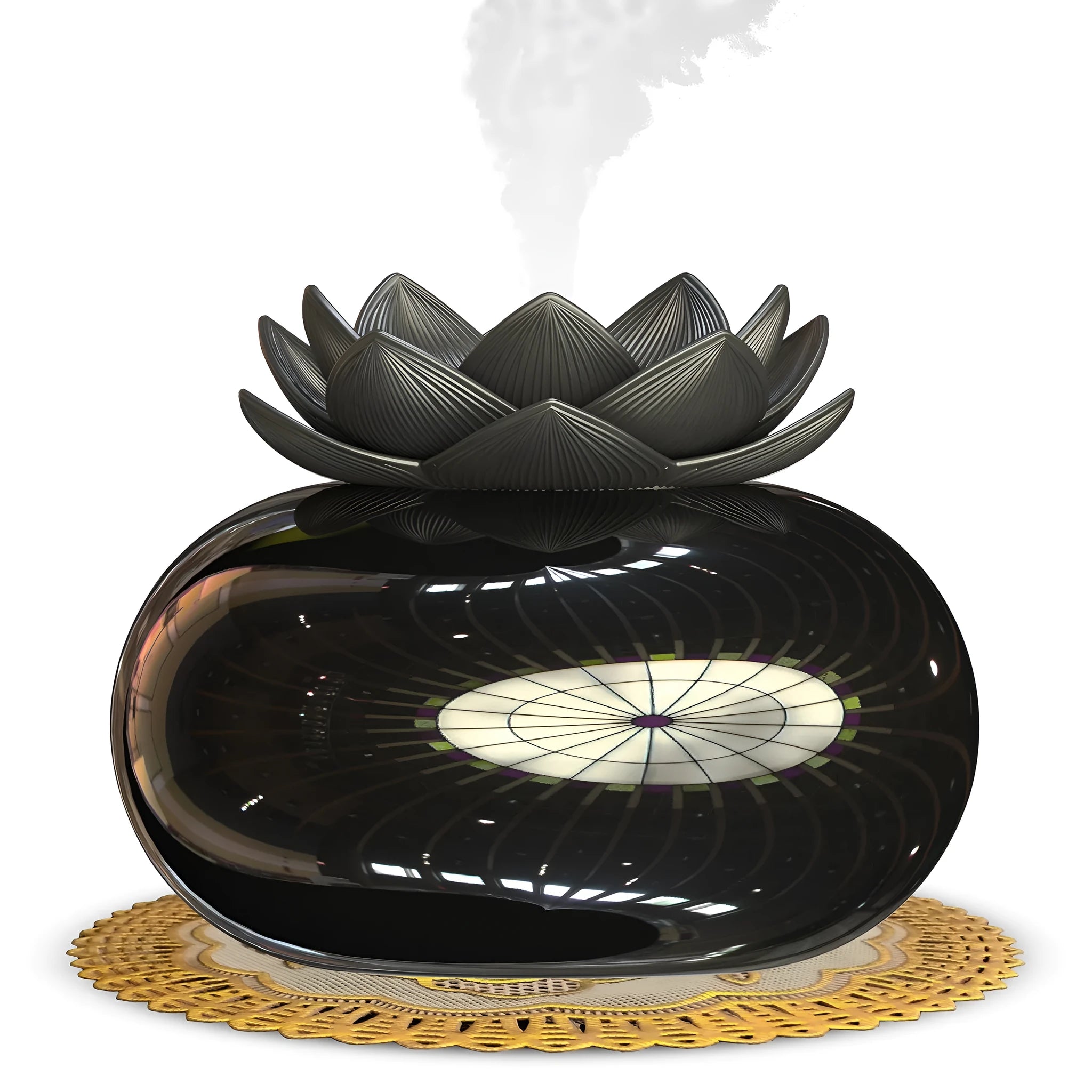 Pure black round lotus aromatherapy humidifier with USB power cable and ceramic-plastic construction