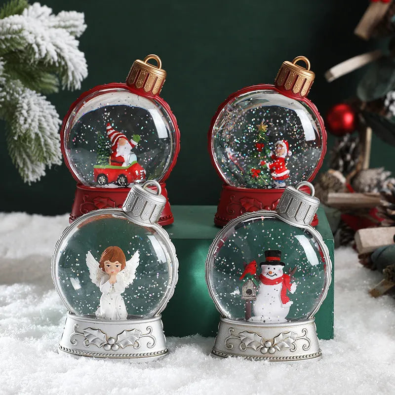 Set of four battery-operated LED Christmas flame light decorations: Old Man, Snowman, Kids Tree, and Angel plastic crafts.