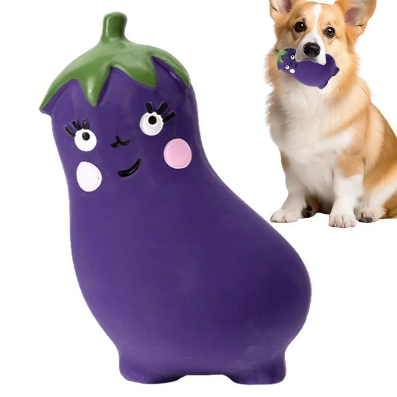 Latex cartoon vegetable dog chew toy shaped like an onion and eggplant in green, orange, or purple.