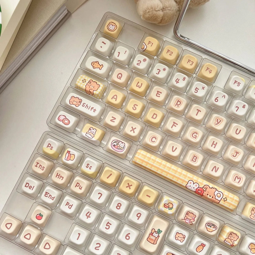 Set of 140 PBT keyboard key caps with Rabbit Bear Restaurant theme in EOA height profile.