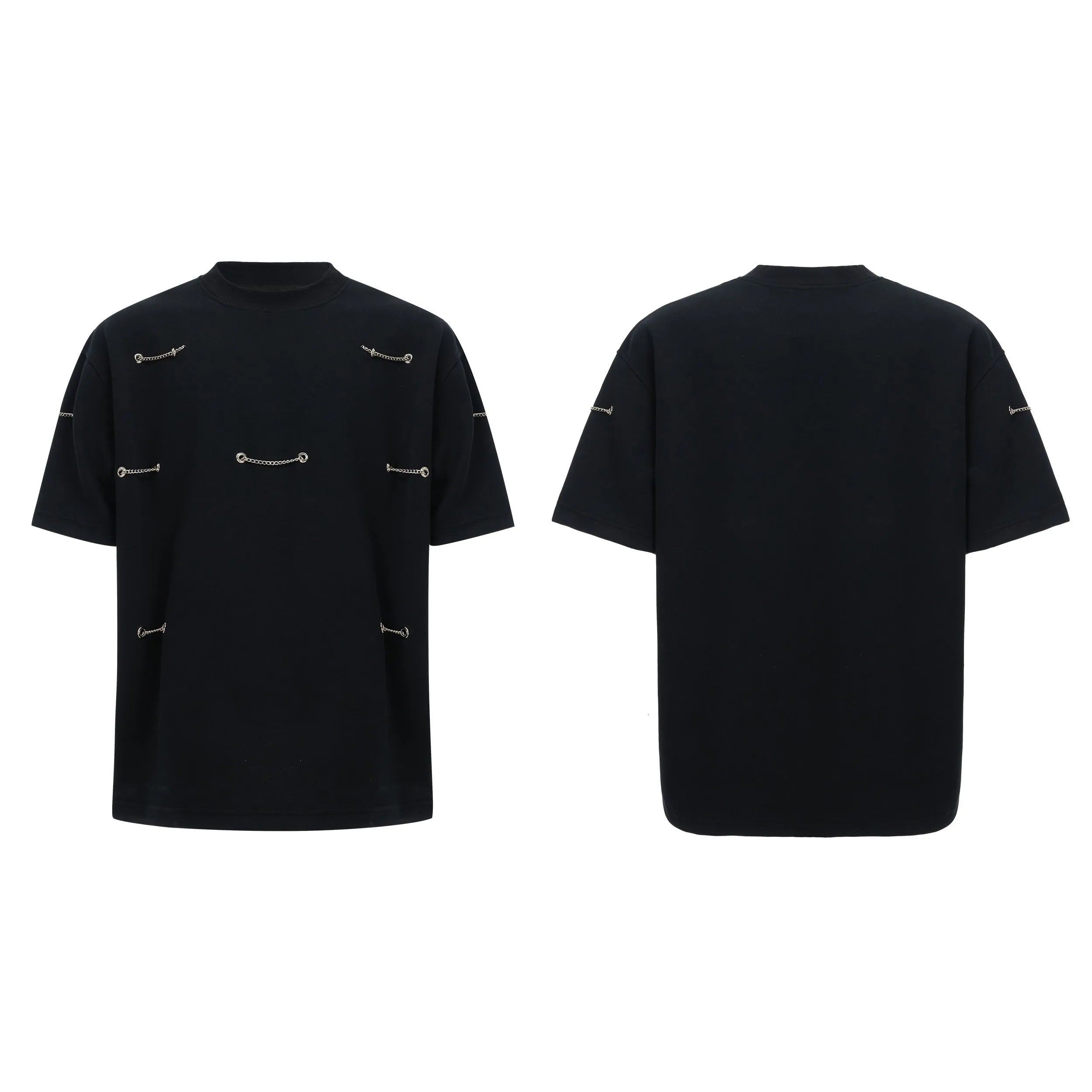Black T-shirt with padded shoulders and metal chain detail on short sleeves