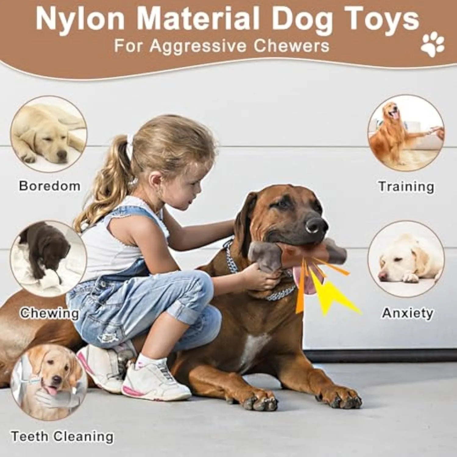 Large, branch-shaped durable nylon dog chew toy for aggressive chewing, shown with bacon flavour and squeaker.