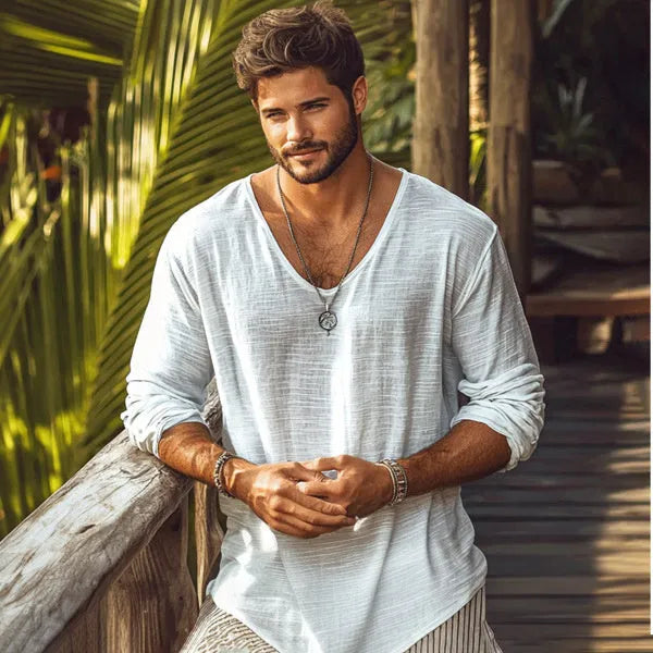 Men's beige slim fit V-neck long-sleeved t-shirt made from a hemp-blend fabric.