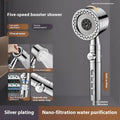 Silver portable shower head with chrome plating and multiple spray functions