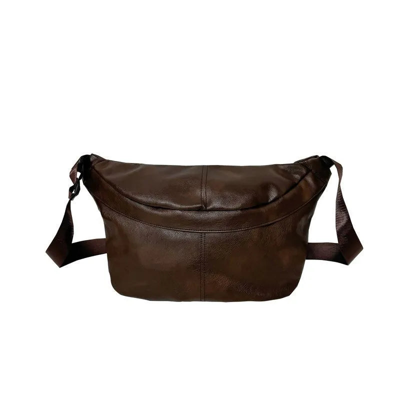 Retro large capacity black PU crossbody bag for men shown with dimensions