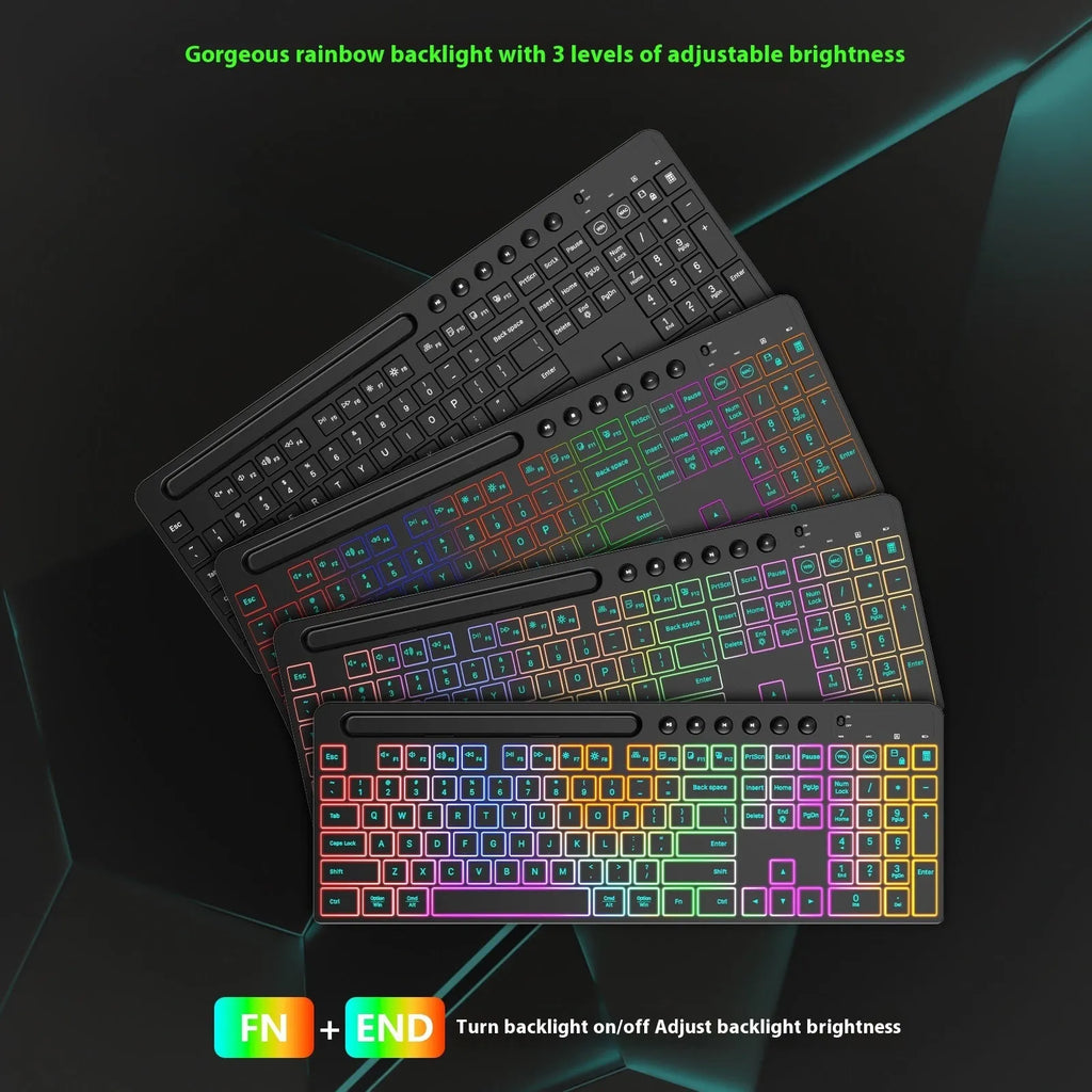 Wireless keyboard and mouse set showing luminous keys and integrated card slot with ergonomic design