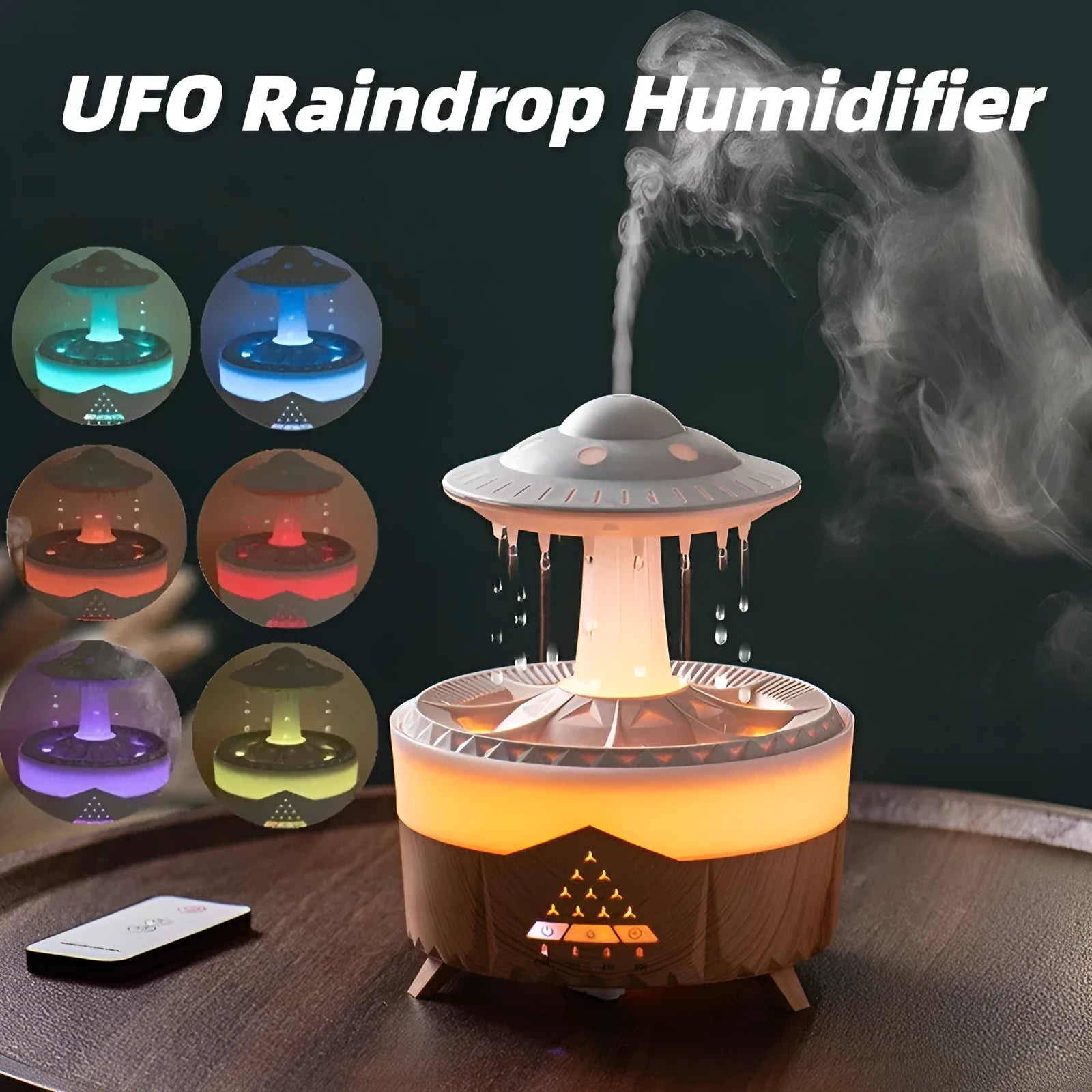 White cloud-shaped humidifier with water droplets and coloured lights on wooden surface