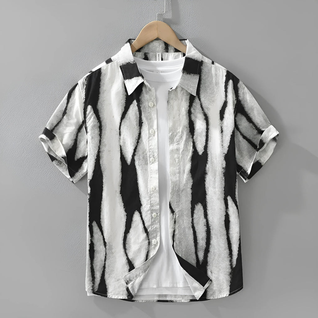 Retro striped short sleeve cotton shirt in loose cardigan fit on hanger